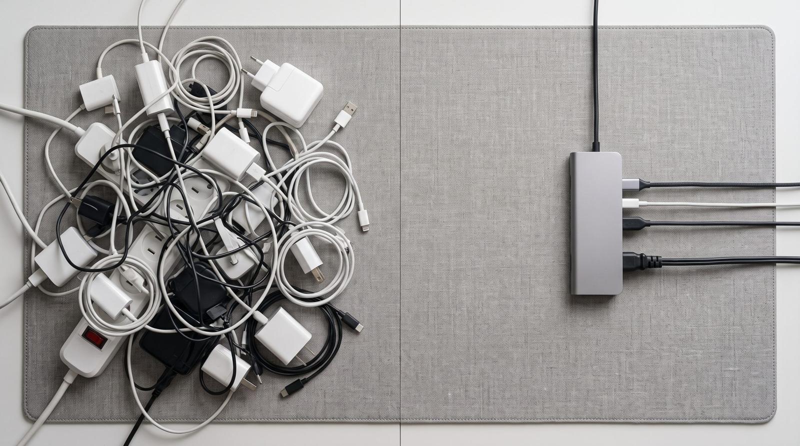 Una maraña de cargadores y cables junto a un único hub ordenado: muchas herramientas sustituidas por un solo sistema