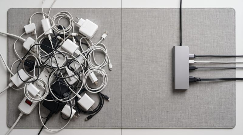 Una maraña de cargadores y cables junto a un único hub ordenado: muchas herramientas sustituidas por un solo sistema