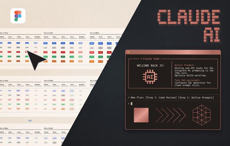 A Figma component library of button states beside a Claude Code terminal session