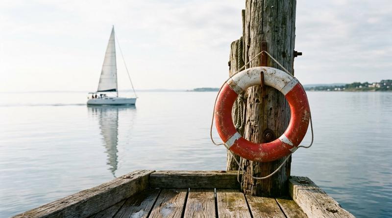 Red and white lifebuoy hanging unused on a wooden pier by a calm sea, with a sailboat in the distance