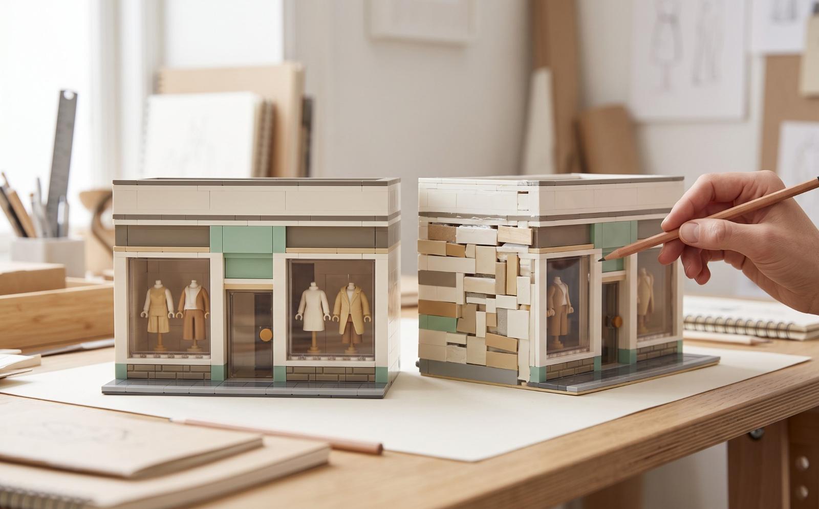 Dos boutiques de moda en miniatura que se ven iguales por delante: una hecha con piezas estándar bien encajadas y otra con piezas cortadas a mano que no casan, con un lápiz señalando un hueco