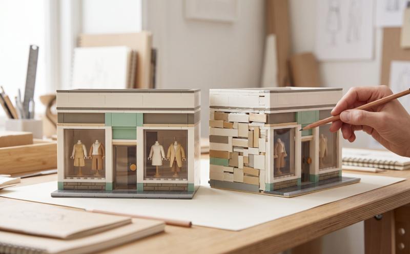 Two miniature fashion boutiques that look the same from the front: one built from neat standard bricks, the other from mismatched hand-cut pieces, with a pencil pointing at a gap