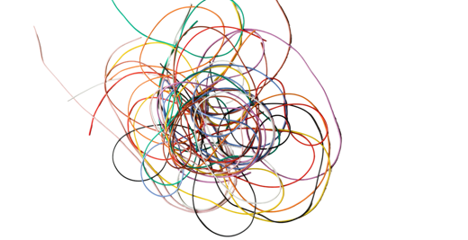 A tangle of brightly coloured cables on black