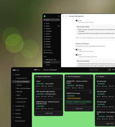 La bacheca delle attività di MM Core e la schermata degli accessi di MM Connect dentro Shopify, su uno sfondo verde tenue