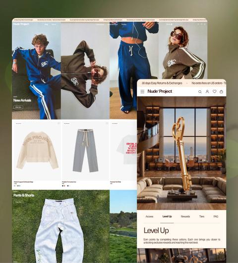 A denim lookbook page in a Shopify store, with the product grid beside it