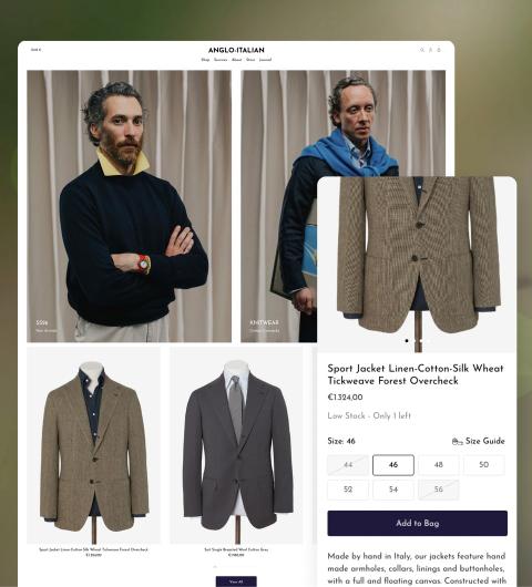 Una pagina prodotto di sartoria in un tema Shopify su misura, con due giacche e un gilet e le loro opzioni di taglia e colore