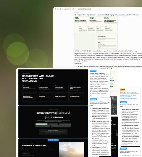 Annotated Shopify page designs, dark store layouts with notes beside each section, on a soft green background