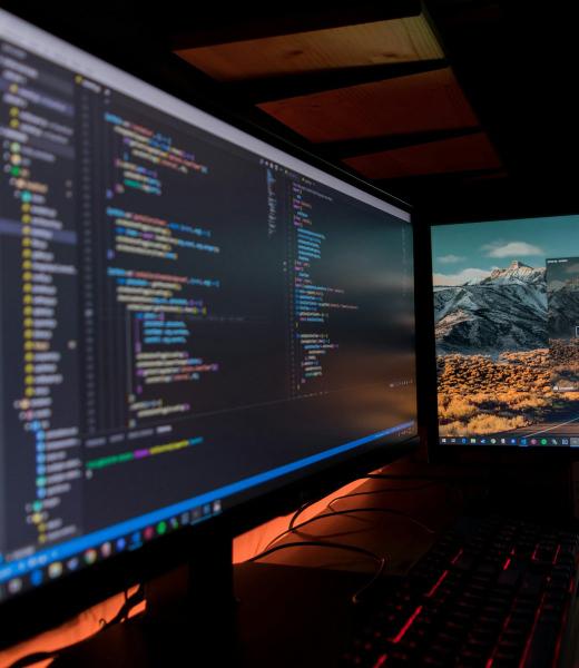 Theme code open across two monitors on a developer's desk