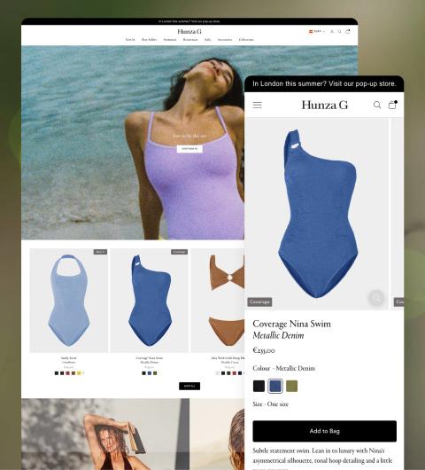 A swimwear product page open on a laptop, with its colour swatches and size guide