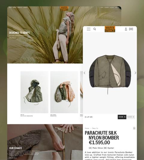 An outerwear product page in a redesigned Shopify store, showing a nylon bomber and its price