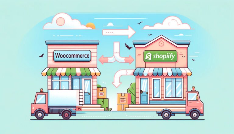 DALL·E 2023 11 21 15.00.17 Create a flat pastel colored illustration for an article about migrating from WooCommerce to Shopify. The image should depict two storefronts one la