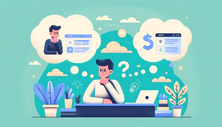 DALL·E 2023 11 21 15.10.13 Create a flat design illustration with pastel colors for an article titled To Hire a Shopify Expert or Not. The image should depict a person ponderi 1
